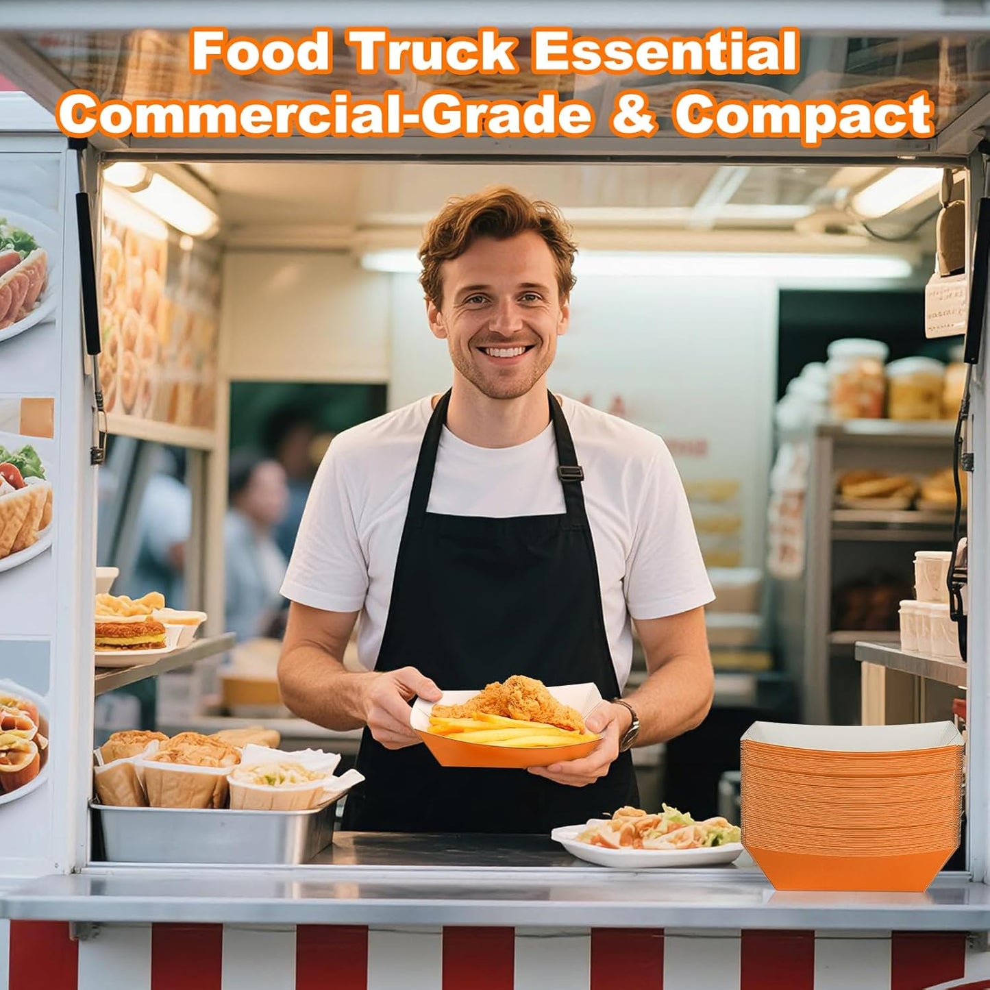 50 Pcs 2lb Paper Food Boat Trays Disposable，Snack Tray，Food Trays for Snack French Hot Dog Taco Popcorn Picnic party Wedding，Concession Stand Supplies (Orange)