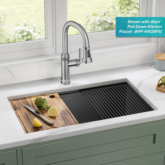 KRAUS Kore Workstation 32-inch Undermount 16 Gauge Black Stainless Steel Single Bowl Kitchen Sink in PVD Gunmetal Finish with Accessories, KWU110-32/PGM