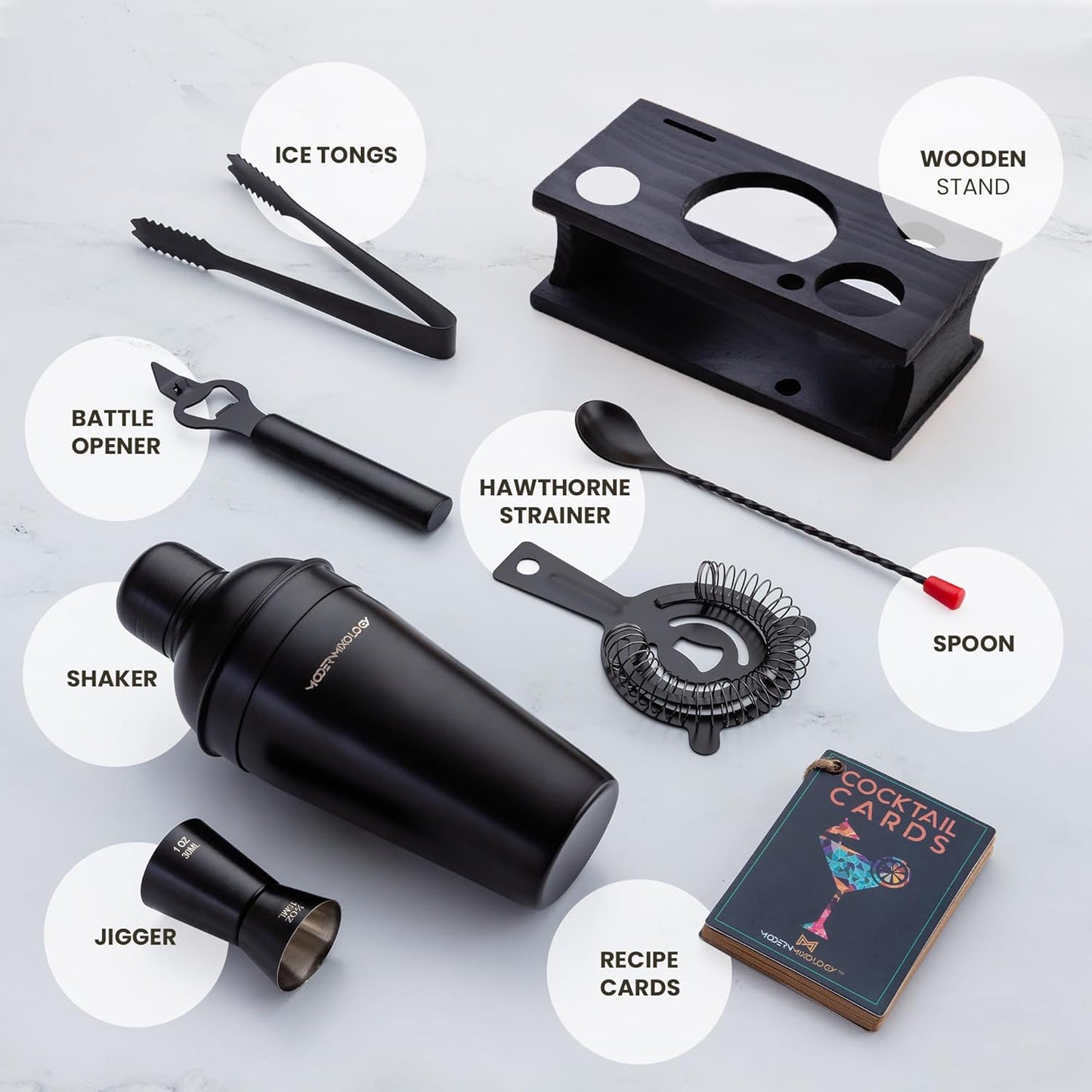 Modern Mixology Cocktail Shaker Set - 8 Piece Bartender Kit with Martini Shaker and Popular Bar Accessories on Quality Pine Stand - Leak Proof Design (Black)