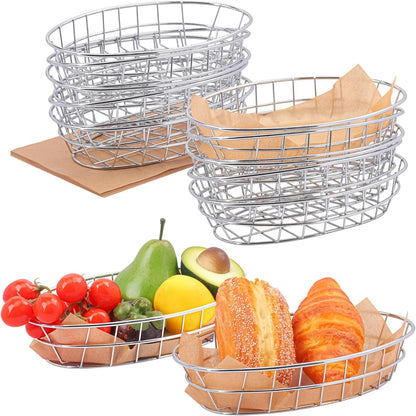 12 Pack Oval Wire Bread Basket, 9.65 x 6.1 x 2.17 Inch Metal Fast Food Baskets with 50 Sheets Deli Wrappers Paper, Metal Dinner Roll Baskets for Home & Kitchen, Serving and Storage(Silvery)