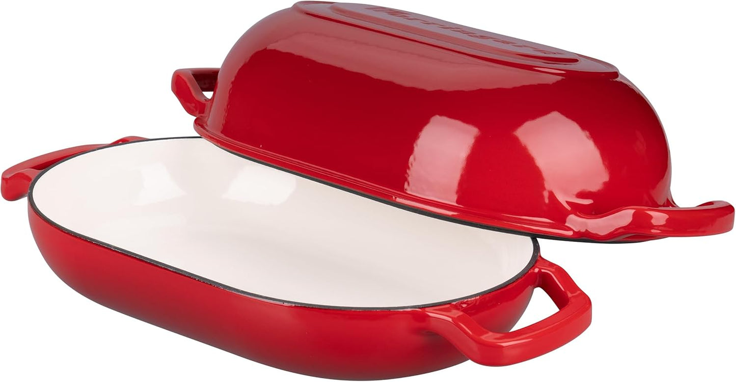 Enameled Cast Iron Sourdough Bread Oven, Dutch Oven, Loaf Cast Iron Bread Pan for Homemade Bread Baking, Meatloaf Pan with Lid, 5QT, Red