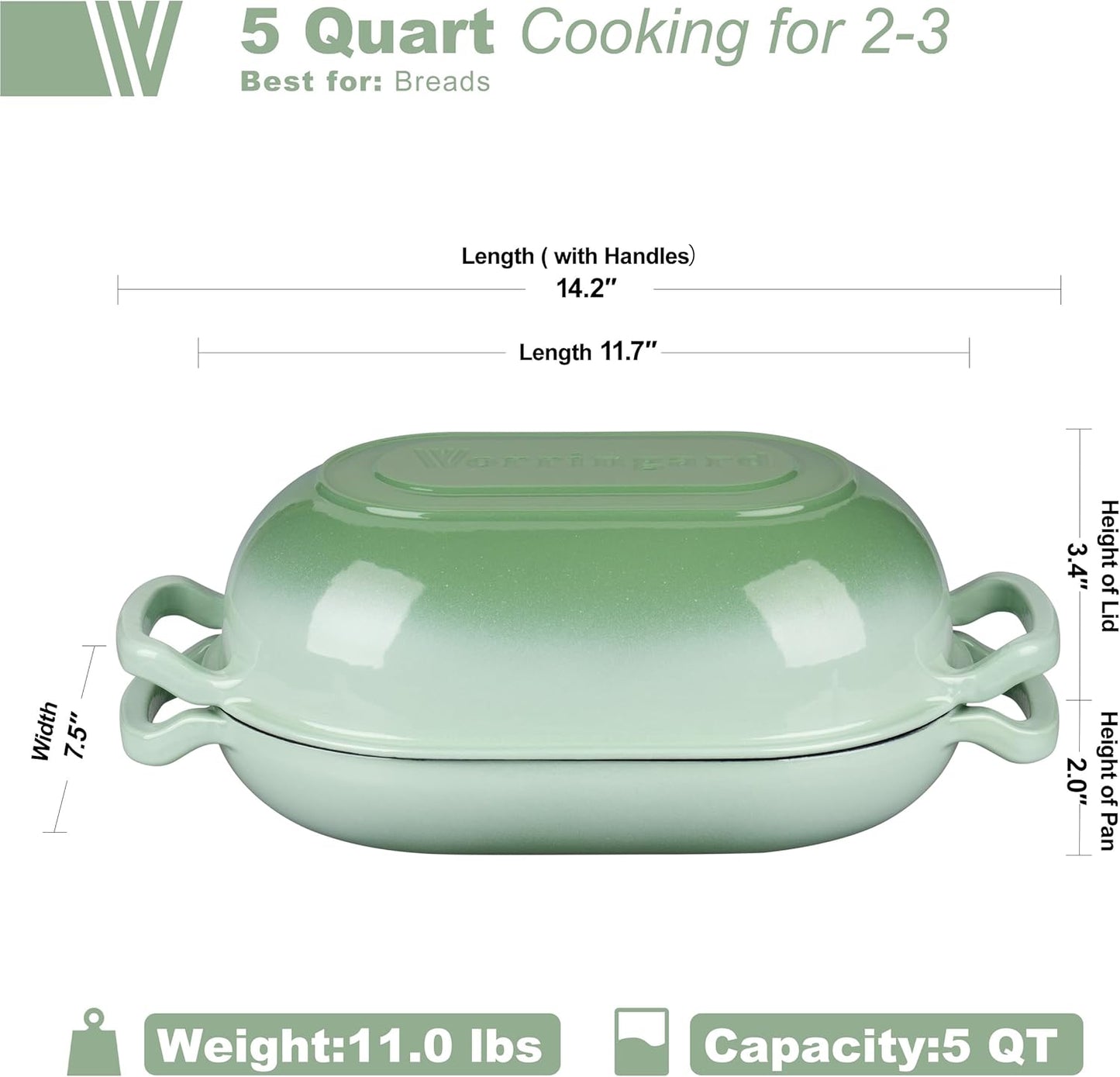 Enameled Cast Iron Sourdough Bread Oven, Dutch Oven, Loaf Cast Iron Bread Pan for Homemade Bread Baking, Meatloaf Pan with Lid, 5QT, Green