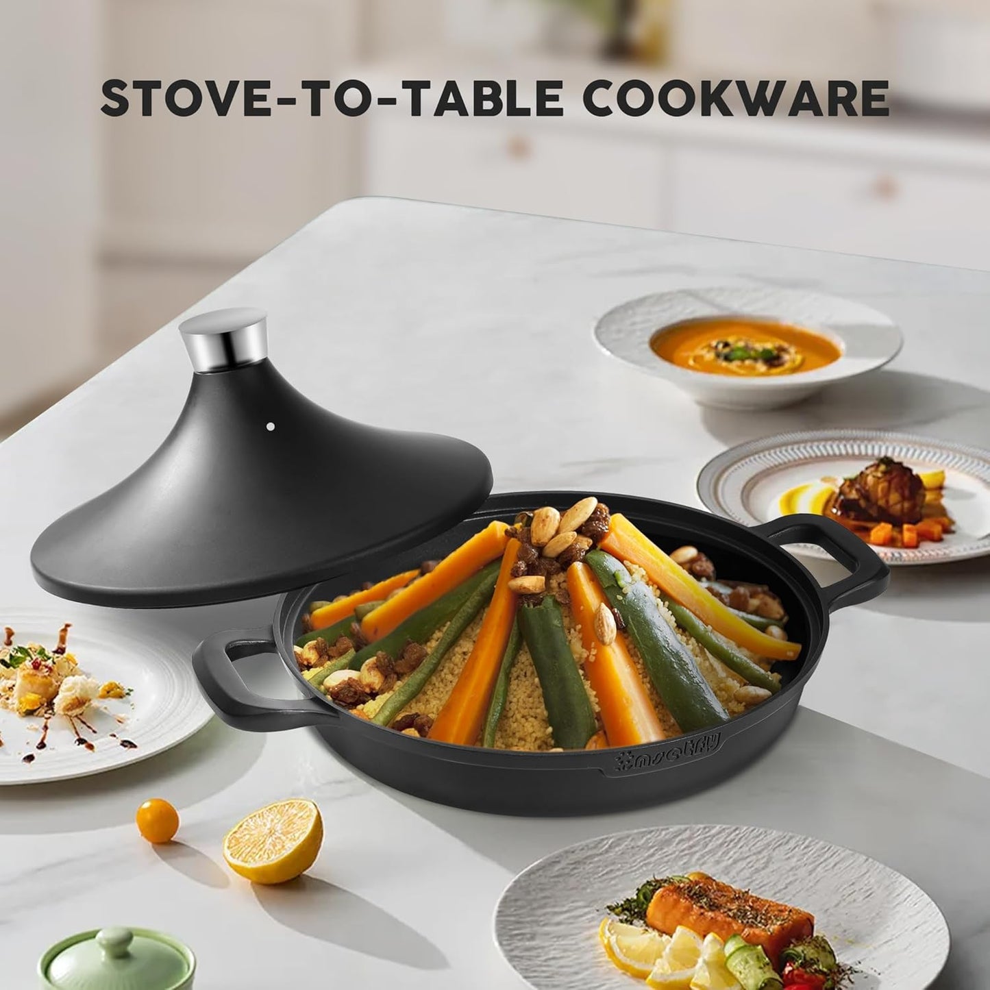 Non-Stick Frying Pan/Skillet 11", 3QT Tagine Pan,Cast Aluminum Pans with Lid, Stove/Oven-to-Table Cookware, Dishwasher Safe& Compatible with All Stovetops（Black）