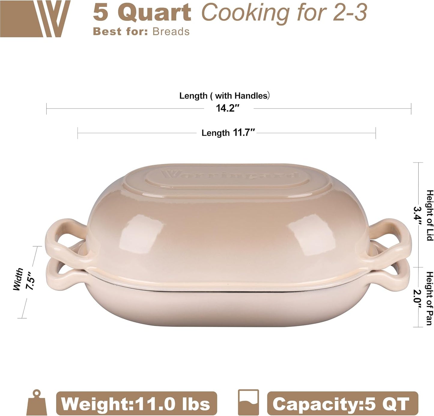 Enameled Cast Iron Sourdough Bread Oven, Dutch Oven, Loaf Cast Iron Bread Pan for Homemade Bread Baking, Meatloaf Pan with Lid, 5QT, Latte