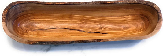 16-17" Rustic Olive Wood Bread Basket Dough Bowl- Live Bark Edge. Handmade Oval Decorative Bowl for French Bread. In 14, 16, 18". (16-17 x 3-4 x 2-3 in)