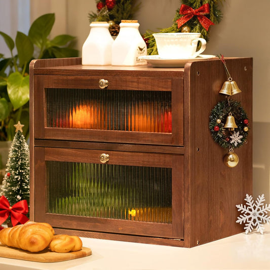 Solid Wood Bread Box for Kitchen Countertop with 50 Count Deli Paper, Double Layer Large Capacity Wooden Breadbox, Vintage Food Storage Container for Kitchen Counter Corner, Brown