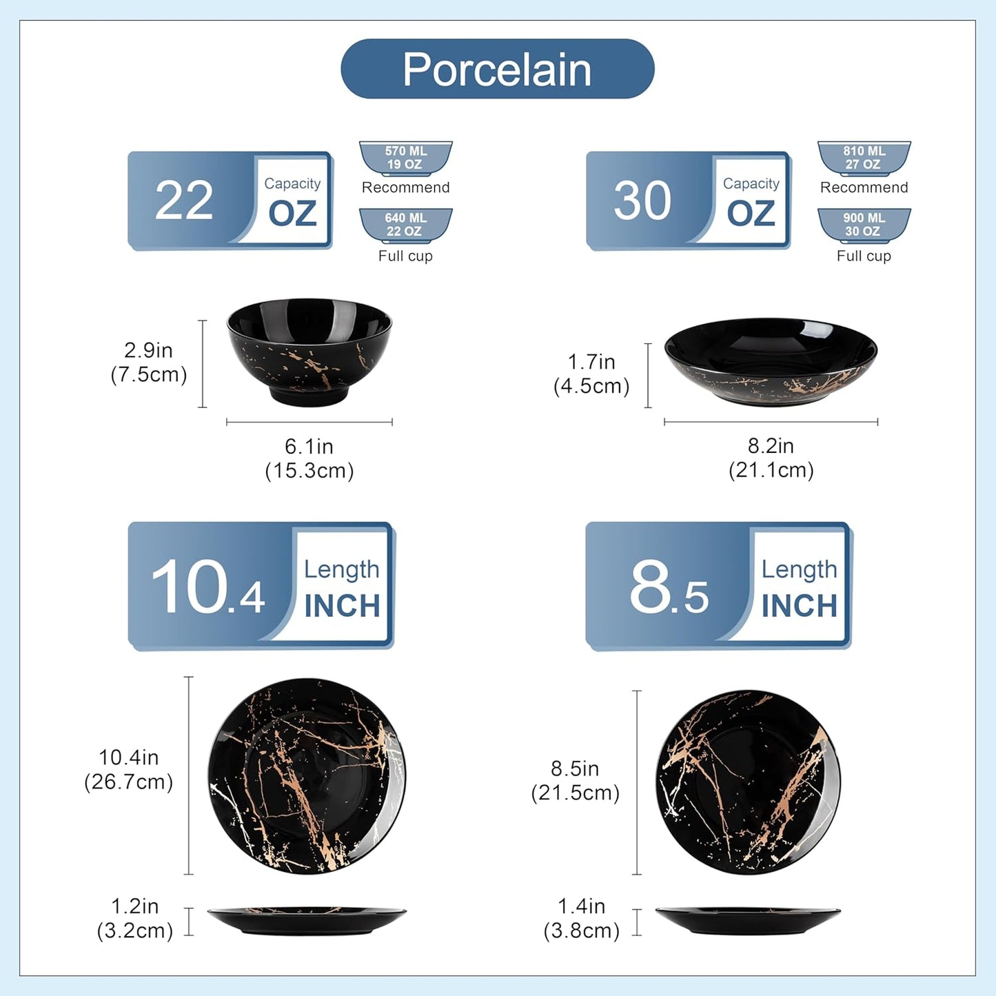 LOVECASA Plates and Bowls Sets for 6, 24 Pieces Porcelain Dinnerware Sets, Black and Gold Dish Set Gold Splash Dishware Sets, Dishwasher Microwave Safe