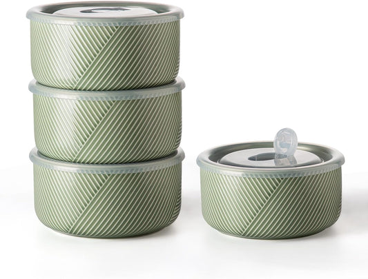 Large Ceramic Bowls with Lids: 32 oz Microwave Safe Food Storage Containers for Soup Salad Meal Prep Lunch Picnic Camping - 6 Inch, Set of 4 (Pea Green)