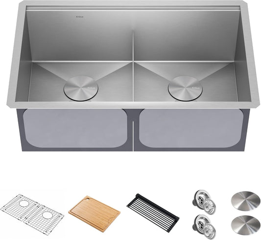 KRAUS Kore Workstation 30-inch Undermount 16 Gauge Stainless Steel Kitchen Sink, Double Bowl Kitchen Sink with Accessories, KWU112-30