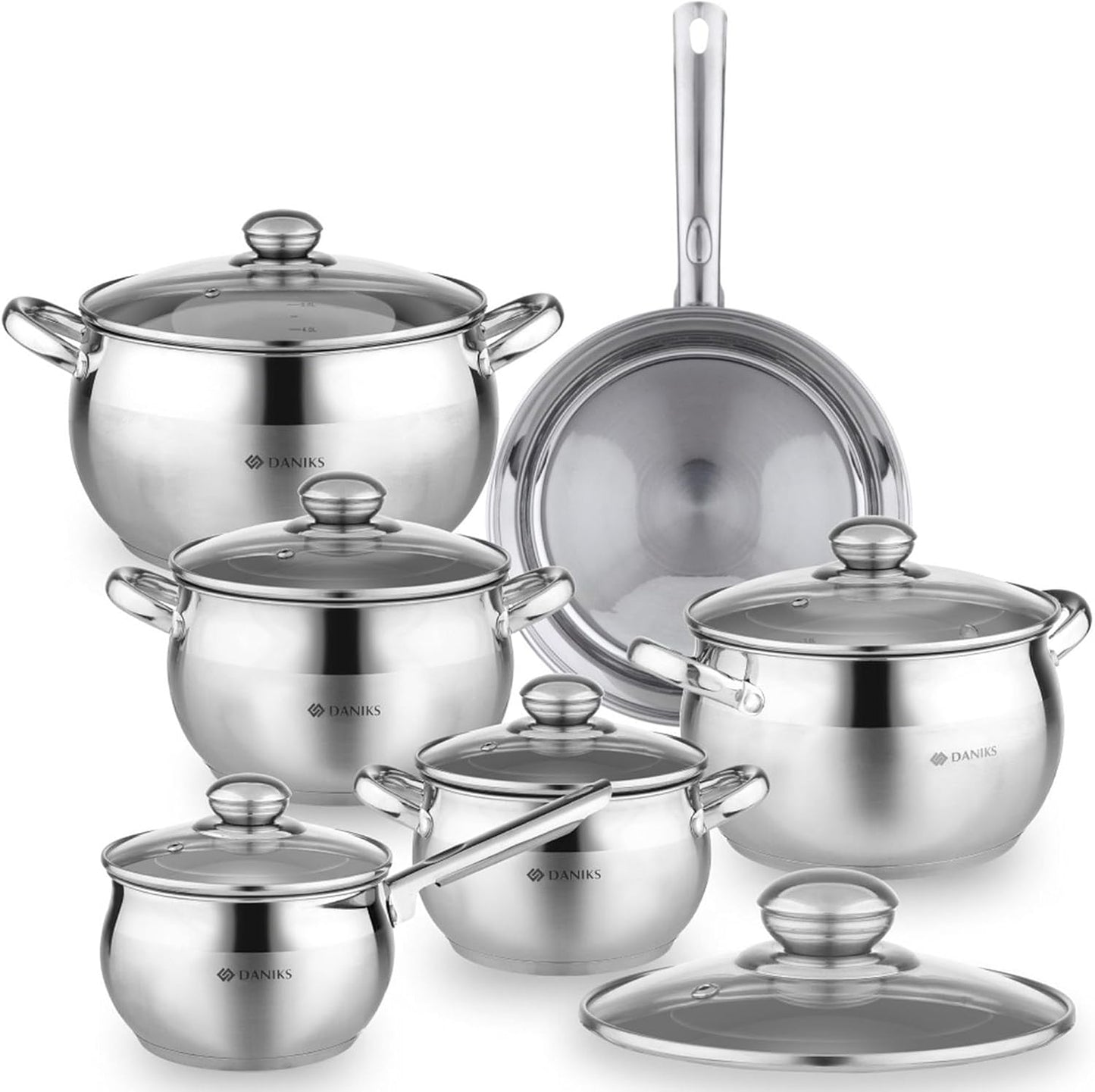 Daniks Classic 12-Piece Stainless Steel Cookware Set with Glass Lids, Includes Saucepan and Frying Pan with Lid, Tri-Ply Bases for Even Heating, Induction Compatible, Dishwasher Safe