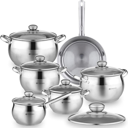 Daniks Classic 12-Piece Stainless Steel Cookware Set with Glass Lids, Includes Saucepan and Frying Pan with Lid, Tri-Ply Bases for Even Heating, Induction Compatible, Dishwasher Safe