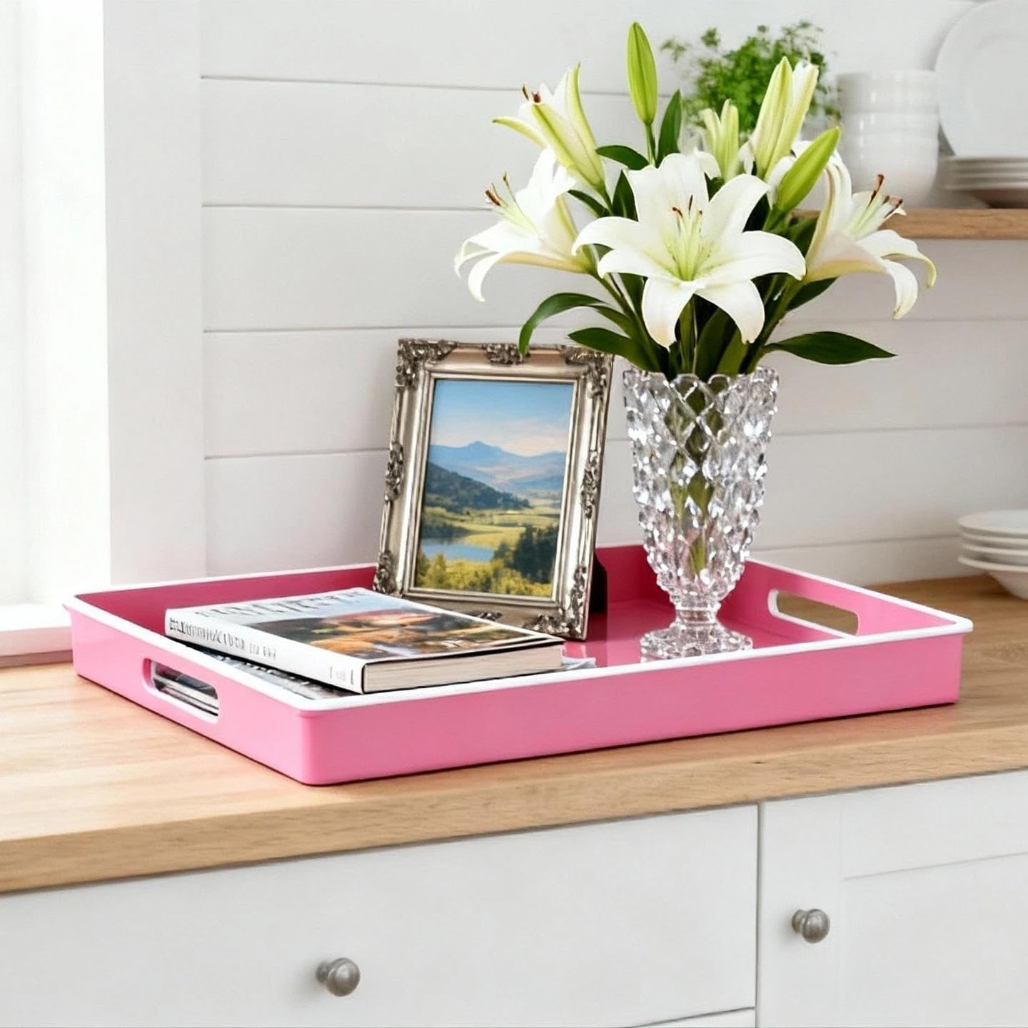 Zosenley Decorative Tray, Rectangular Plastic Tray with Handles, Modern Vanity Tray and Serving Tray for Bathroom, Kitchen, Ottoman and Coffee Table, 15.6” x 10.2” (White Border Rose red)