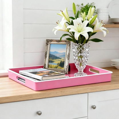 Zosenley Decorative Tray, Rectangular Plastic Tray with Handles, Modern Vanity Tray and Serving Tray for Bathroom, Kitchen, Ottoman and Coffee Table, 15.6” x 10.2” (White Border Rose red)