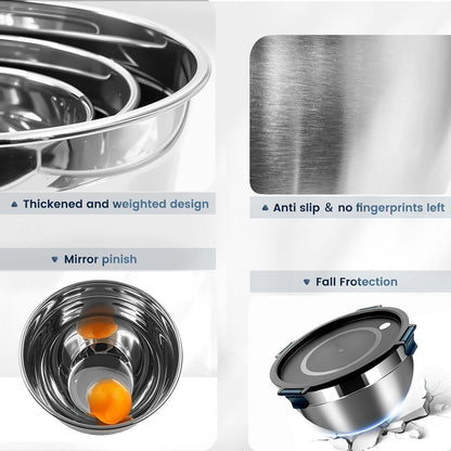 Daily Treasures Mixing Bowls with Airtight Clear Lids Set of 3,Thicker Stainless Steel Mixing Bowl Set,Nesting Bowls for Cooking, Prepping, Baking, Serving & Food Storage, Size 5, 3, 1.5QT