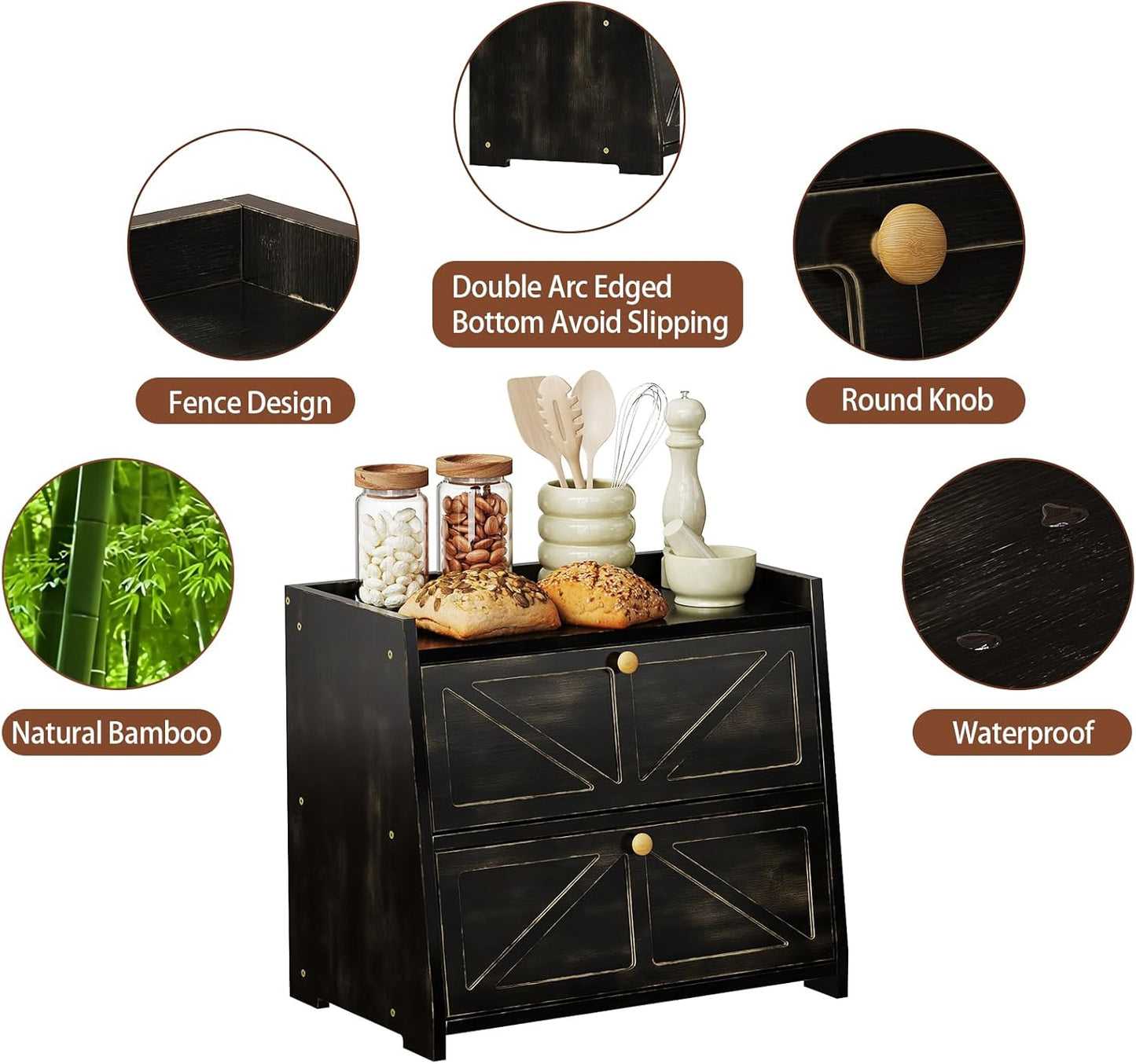 Vintage Double Layer Bread Box for Kitchen Counter Bamboo Bread Storage Container Large Capacity Bread Storage Bin (Antique Black)