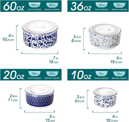 vancasso Ceramic Nesting Bowls with Lids Set of 4, Serving Bowls for Food Storage, Prep Bowl, Ceramic Bowl for Kitchen, Microwave & Dishwasher Safe, 60+36+20+10 Oz, Series SELENE