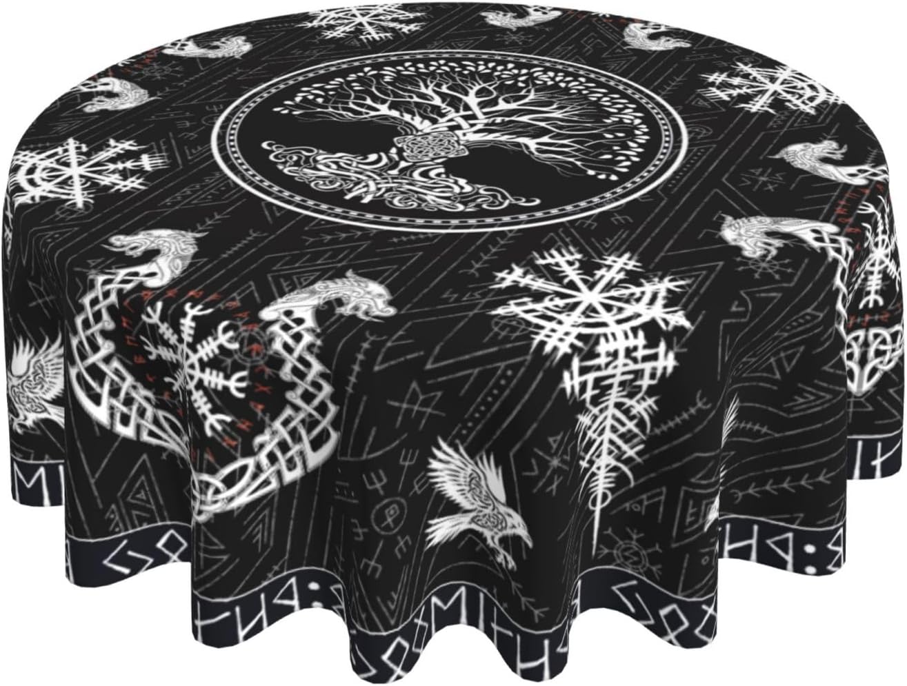 Norse Viking Tablecloth, Nordic Mythology Tree of Life Crow Ancient Mythical Viking Raven Print Water Resisitant Table Cover for Dining Kitchen Living Room Home Party Holiday Decor 60 inch Round