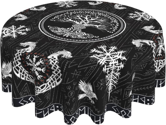 Norse Viking Tablecloth, Nordic Mythology Tree of Life Crow Ancient Mythical Viking Raven Print Water Resisitant Table Cover for Dining Kitchen Living Room Home Party Holiday Decor 60 inch Round