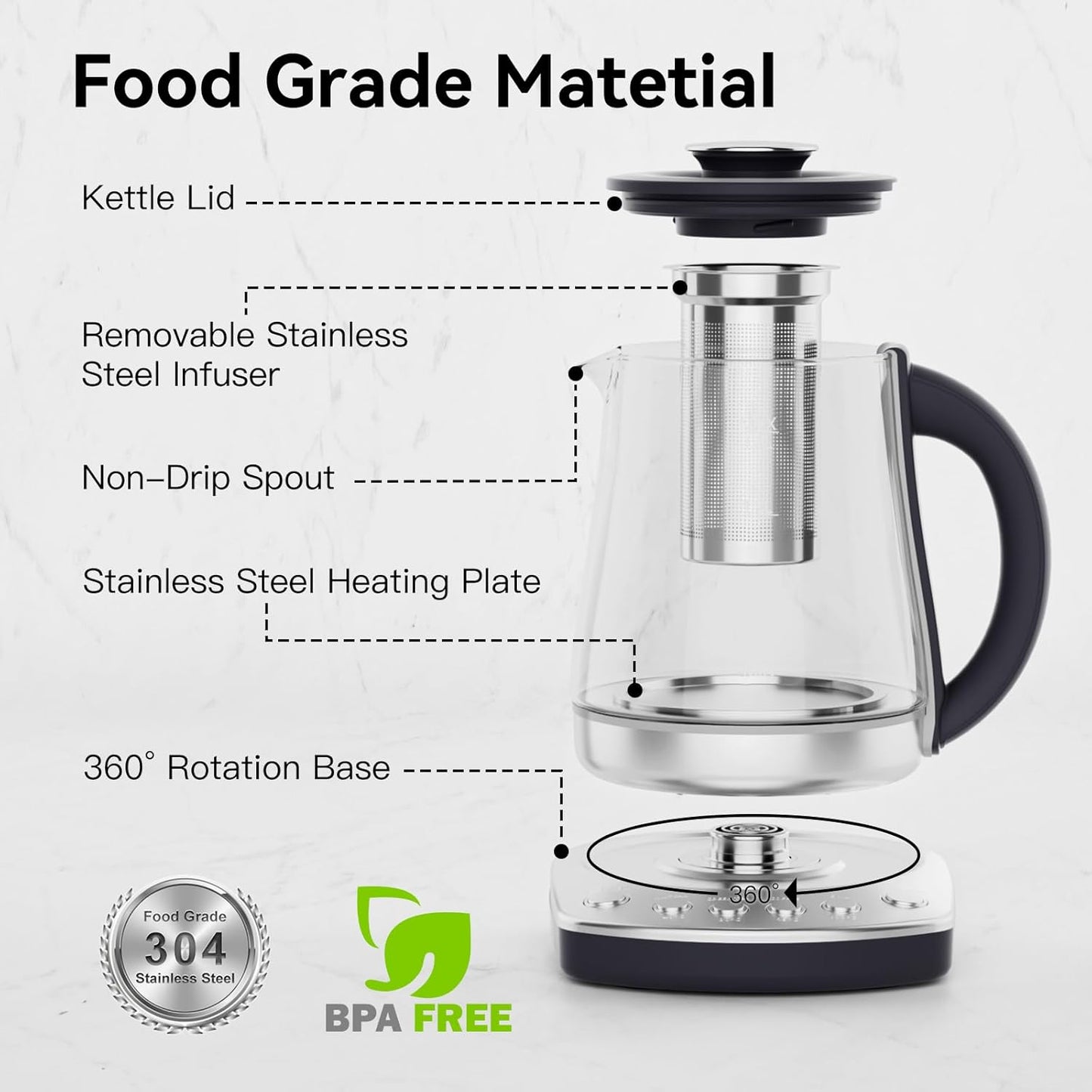 Electric Kettle With Infuser, 1.5L Electric Tea Kettle With Temperature Control, Glass Kettle & Hot Water Boiler,1200W Fast heating for Pour Over Coffee, Brew Tea, Easy to Clean G888B