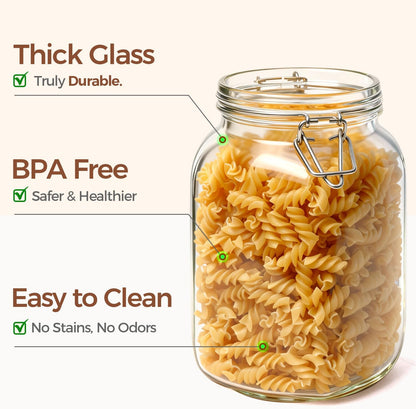 ComSaf Airtight Glass Canister Set of 3 with Lids 51oz Clear Food Storage Jars Square, Kitchen & Pantry Organization Food Storage Container for Canning, Sugar, Flour, Pasta, Candy, Cereal, Coffee