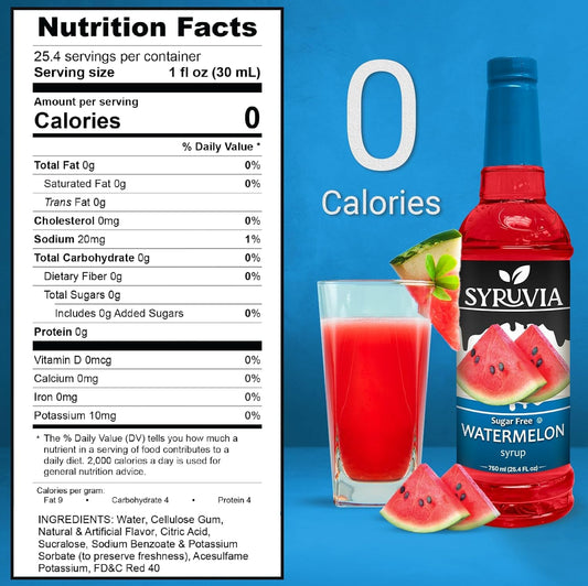 Syruvia Sugar-Free Watermelon Syrup, Flavored Syrup for Drinks, Cocktails, Lemonades, Iced Teas, and Desserts – 25.4 fl oz
