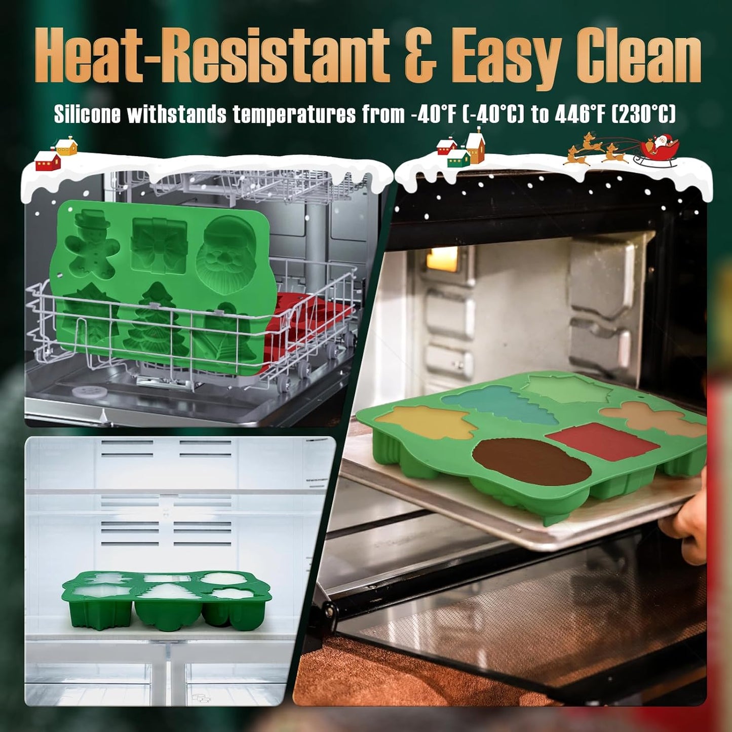 HKNMTT Large Christmas Silicone Molds for Baking Cake Muffins Oven Safe Freezing Soap Candle Cocoa Bomb Food Grade Tray, Deep Snowflake Tree Santa Gingerbread Gift Bell 6 Holiday Shapes Mould 2PCS