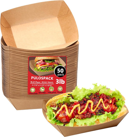 50 Pack 3lb Heavy Duty Kraft Leak Proof Paper Food Boats Disposable Nacho Trays Extra Large Food Serving Holder for Chips, Hot Dogs, Popcorn, Snacks, BBQ, Party, Picnic, Wedding