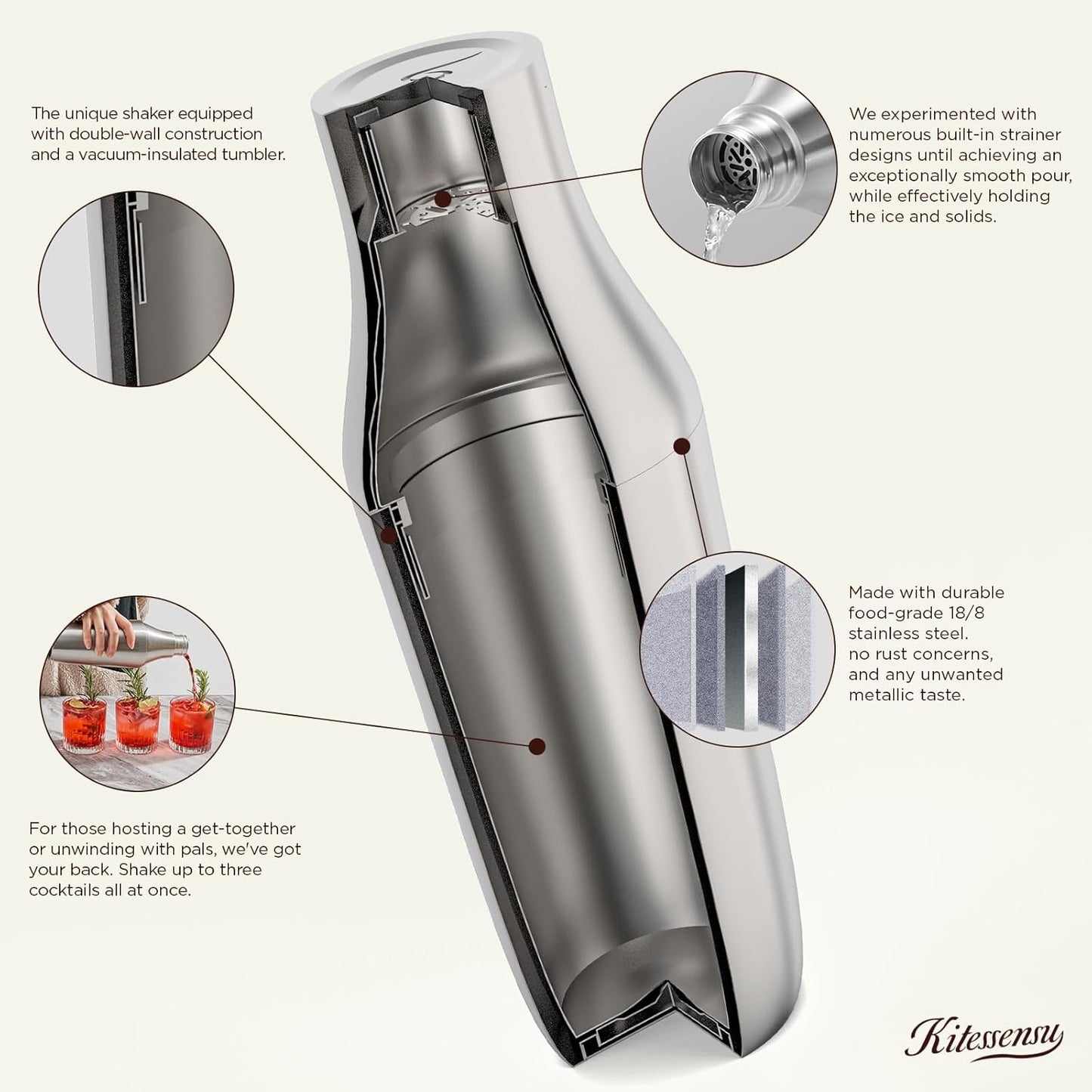 Kitessensu Hybrid Cocktail Shaker | Vacuum Insulated Stainless Steel Martini Shaker with Double Wall Martini Cup | Integrated Measuring System | Tumbler Lid & Cocktail Recipes Included | Cream
