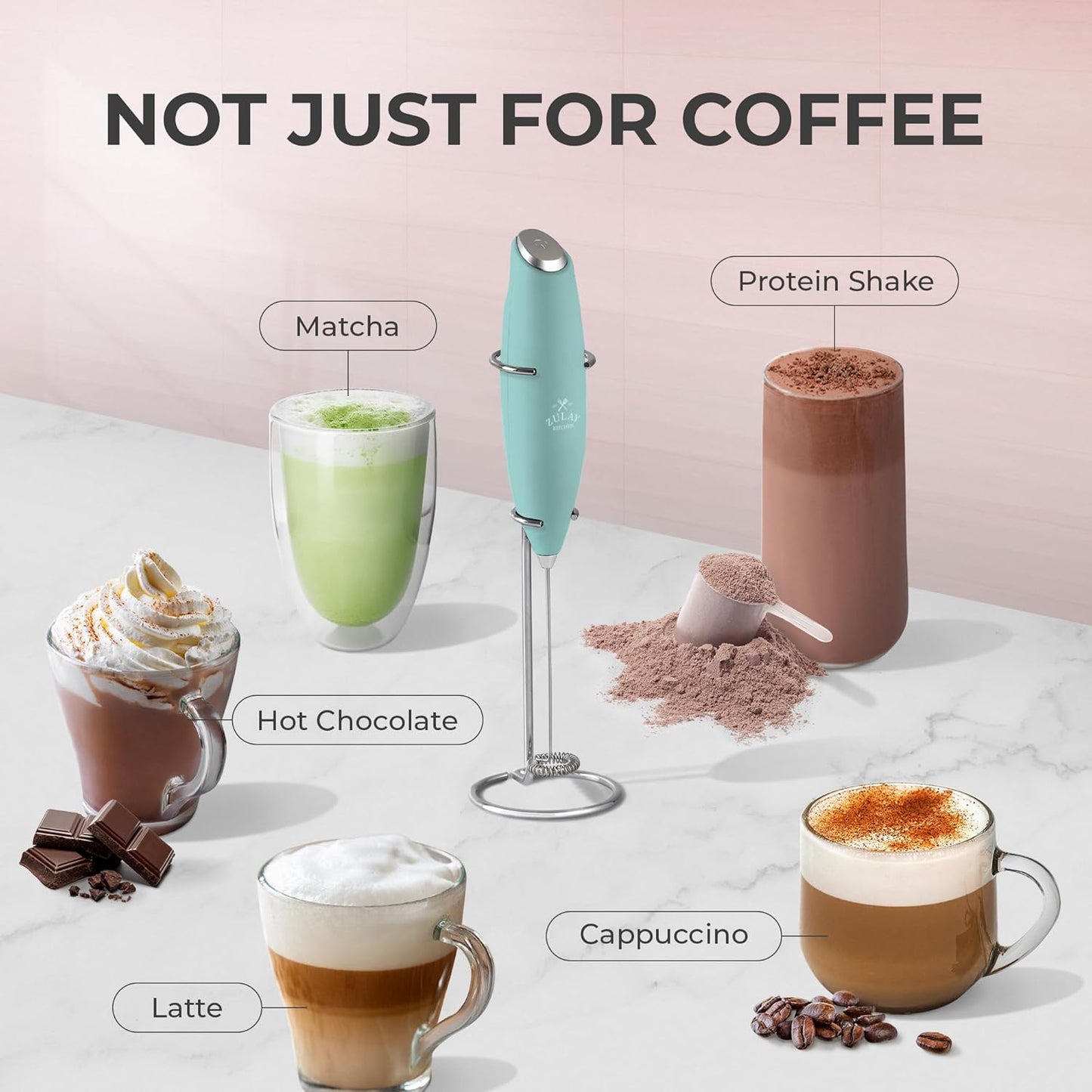 Zulay Kitchen Powerful Milk Frother Wand With 4 AA Duracell Batteries - Ultra Fast Handheld Drink Mixer - Electric Whisk Foam Maker for Coffee, Lattes, Cappuccino, Matcha & Creamer - Fresh Mint