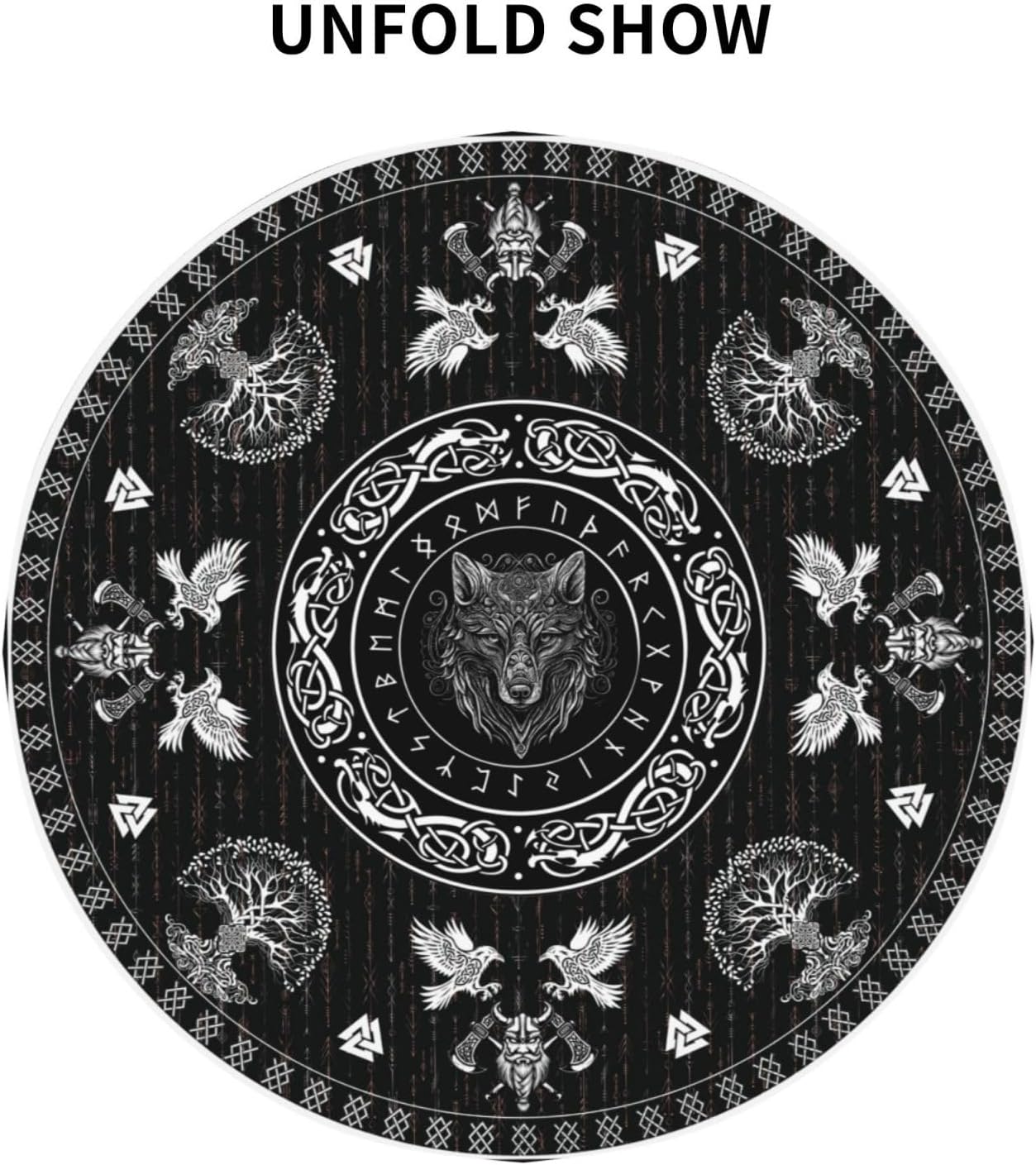 Norse Viking Tablecloth, Nordic Mythology Tree of Life Crow Ancient Mythical Viking Wolf Print Water Resisitant Table Cover for Dining Kitchen Living Room Home Party Holiday Decor 70 inch Round
