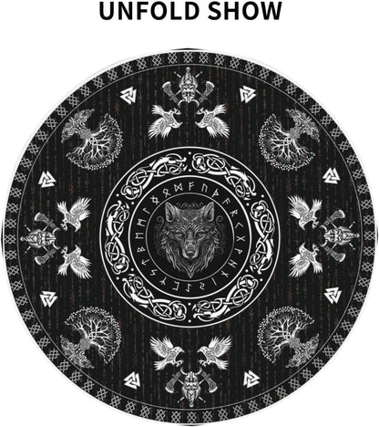 Norse Viking Tablecloth, Nordic Mythology Tree of Life Crow Ancient Mythical Viking Wolf Print Water Resisitant Table Cover for Dining Kitchen Living Room Home Party Holiday Decor 70 inch Round