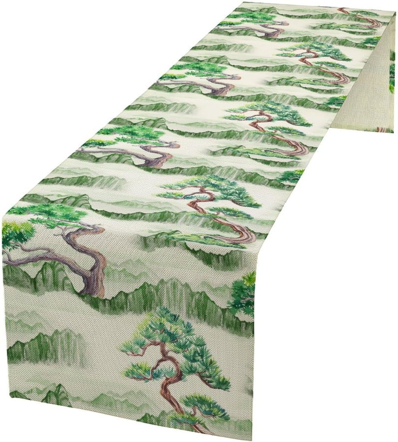 Chinese Natural Scenery Table Runner, Japanese Ink Wash Painting Plants Tree Mountain Green Colorful Forest Table Runner for Kitchen Living Room Bedroom Home 13x70 Inch