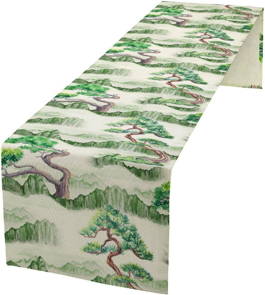 Chinese Natural Scenery Table Runner, Japanese Ink Wash Painting Plants Tree Mountain Green Colorful Forest Table Runner for Kitchen Living Room Bedroom Home 13x70 Inch