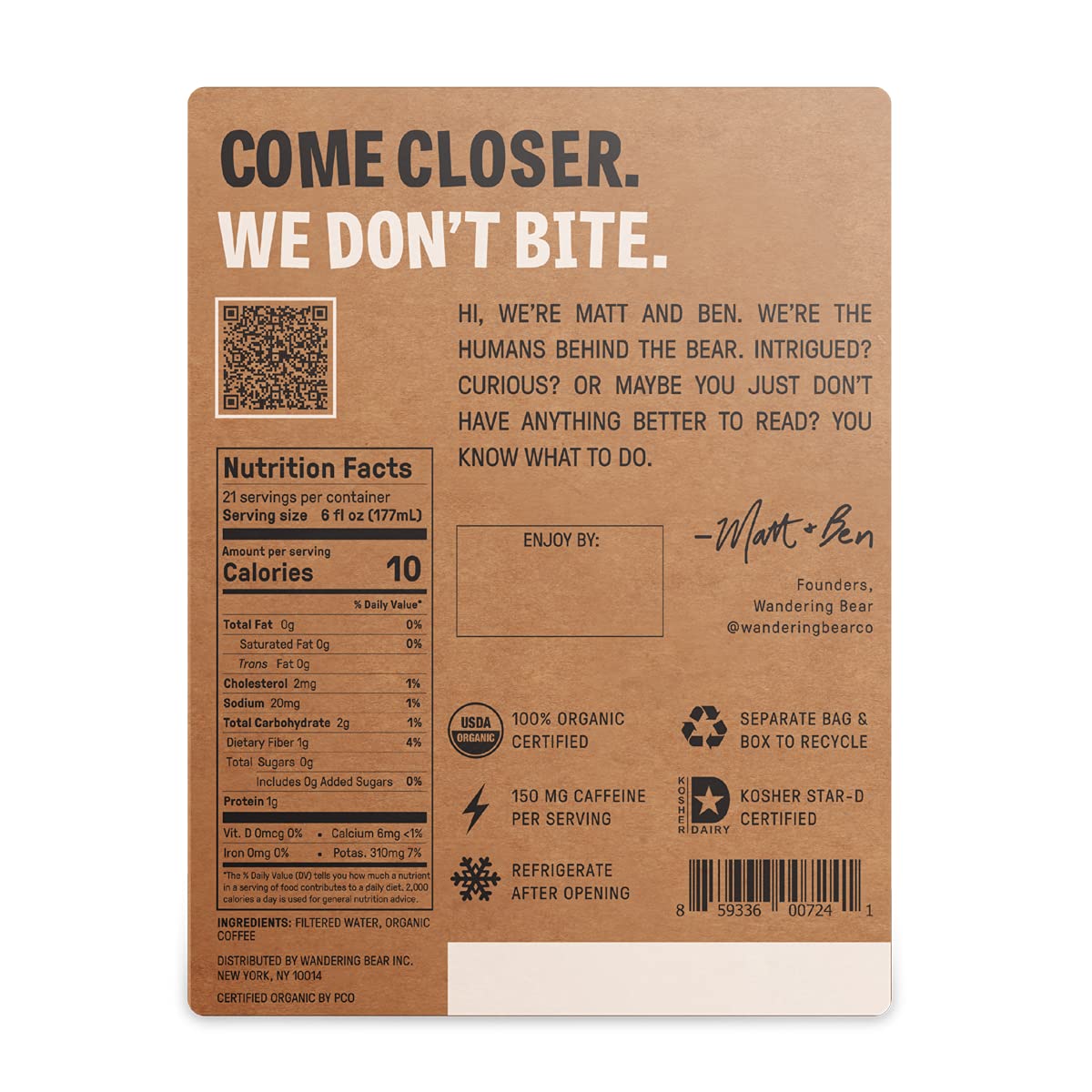 Wandering Bear Straight Black Organic Cold Brew Coffee On Tap, Iced Coffee Drink - Extra Strong, Bold, Smooth, No Sugar Added, Shelf-Stable, Ready to Drink, 100% Organic - 128 fl oz (1 gallon)