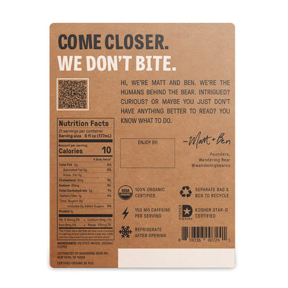 Wandering Bear Straight Black Organic Cold Brew Coffee On Tap, Iced Coffee Drink - Extra Strong, Bold, Smooth, No Sugar Added, Shelf-Stable, Ready to Drink, 100% Organic - 128 fl oz (1 gallon)