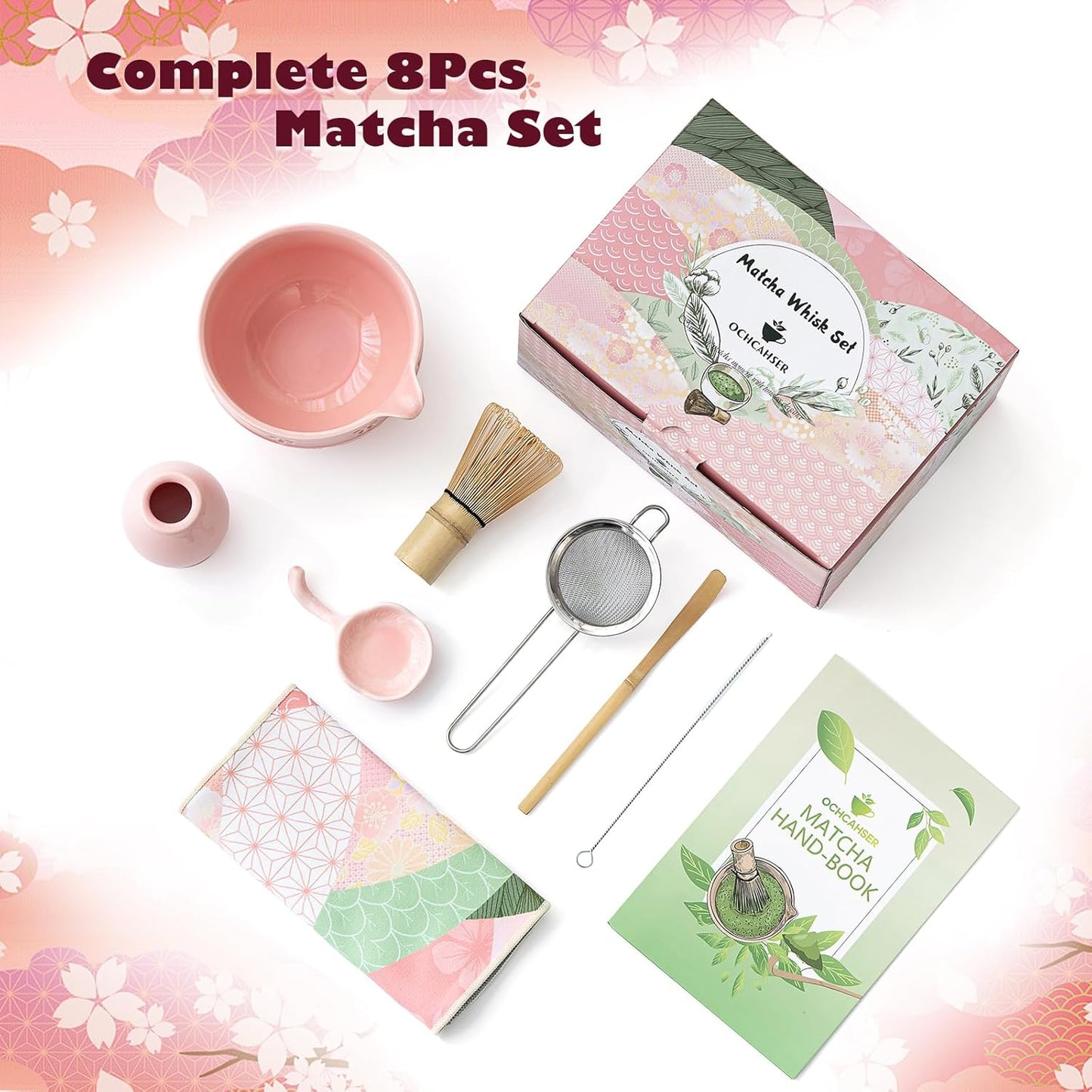 Matcha Tea Set, 8 Pcs Japanese Matcha Kit with Cherry Blossom and Wave Design Ceramic Bowl, Bamboo Whisk, Whisk Holder, Scoop, Sifter, Brush, Matcha Kit Set for Matcha Lovers (Pink)