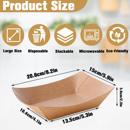 100 Pack Paper Food Boats, 3 Lb Heavy Duty Kraft Paper Food Trays, Disposable Serving Basket, Disposable Nacho Trays for Party Snacks French Fries Hot Dog Nachos BBQ Popcorn Taco, Brown