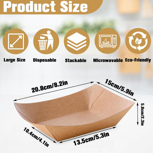 100 Pack Paper Food Boats, 3 Lb Heavy Duty Kraft Paper Food Trays, Disposable Serving Basket, Disposable Nacho Trays for Party Snacks French Fries Hot Dog Nachos BBQ Popcorn Taco, Brown