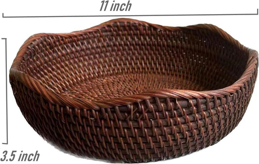 Handmade Rattan Round Fruit Basket Food Storage Bowls Kitchen Organizer Snack Serving Bowl 11 Inch Wavy Edge Circle Tray Basket with 3” Deep Wall, Dark Brown Décor Display Tray Bowl, L