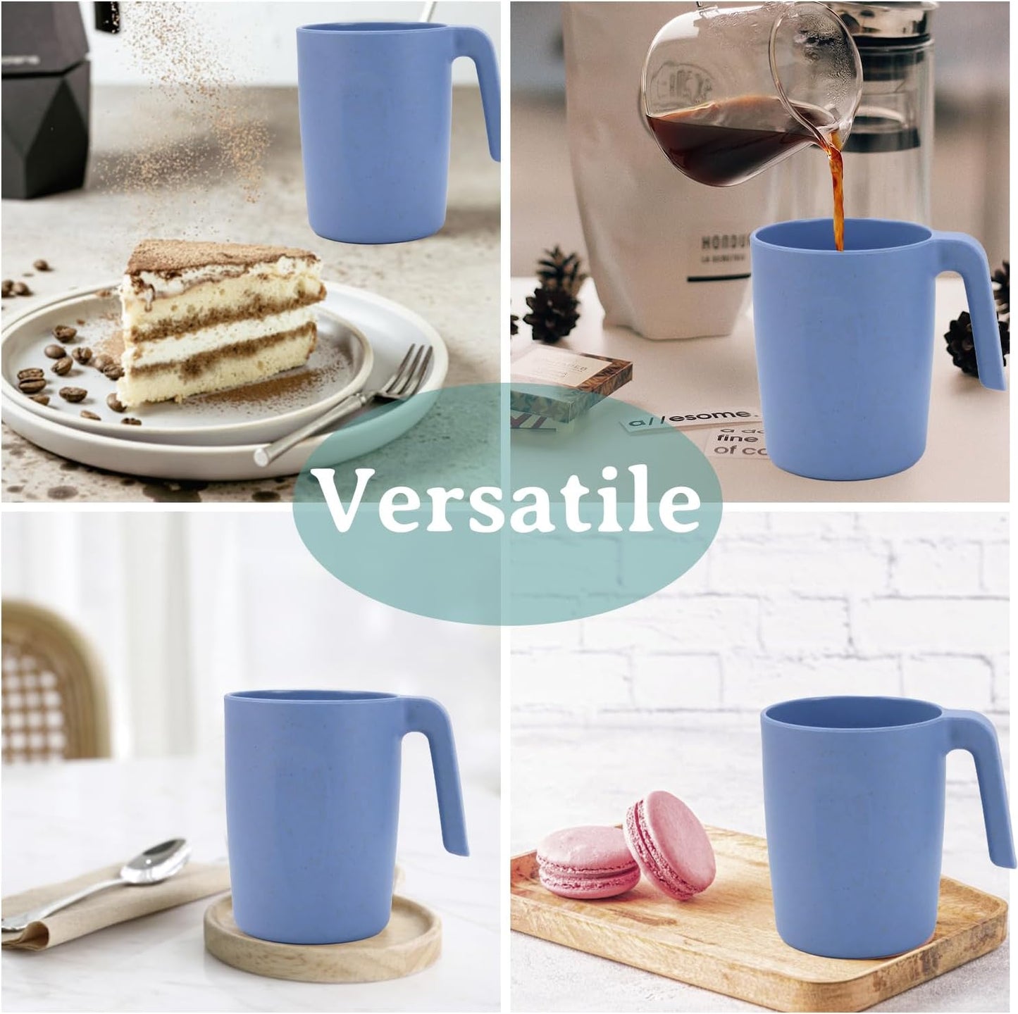 Wrova 16oz Wheat Straw Cups with handles set of 6-Plastic Cups Reusable-Unbreakable Kids Mugs-Dishwasher Safe & Microwave Safe-Ideal Plastic Mugs for Tea,Coffee,Camping,RV-Sky Blue