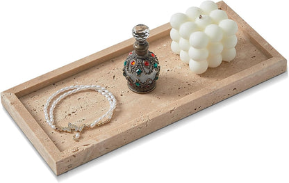 Natural Small Travertine Tray for Bathroom Vanity and Kitchen Sink, Stone Countertop Organizer for Soap Dispenser, Jewelry, Perfume, Candle, Ring, Home Decor, Non-Resin Non-Ceramic