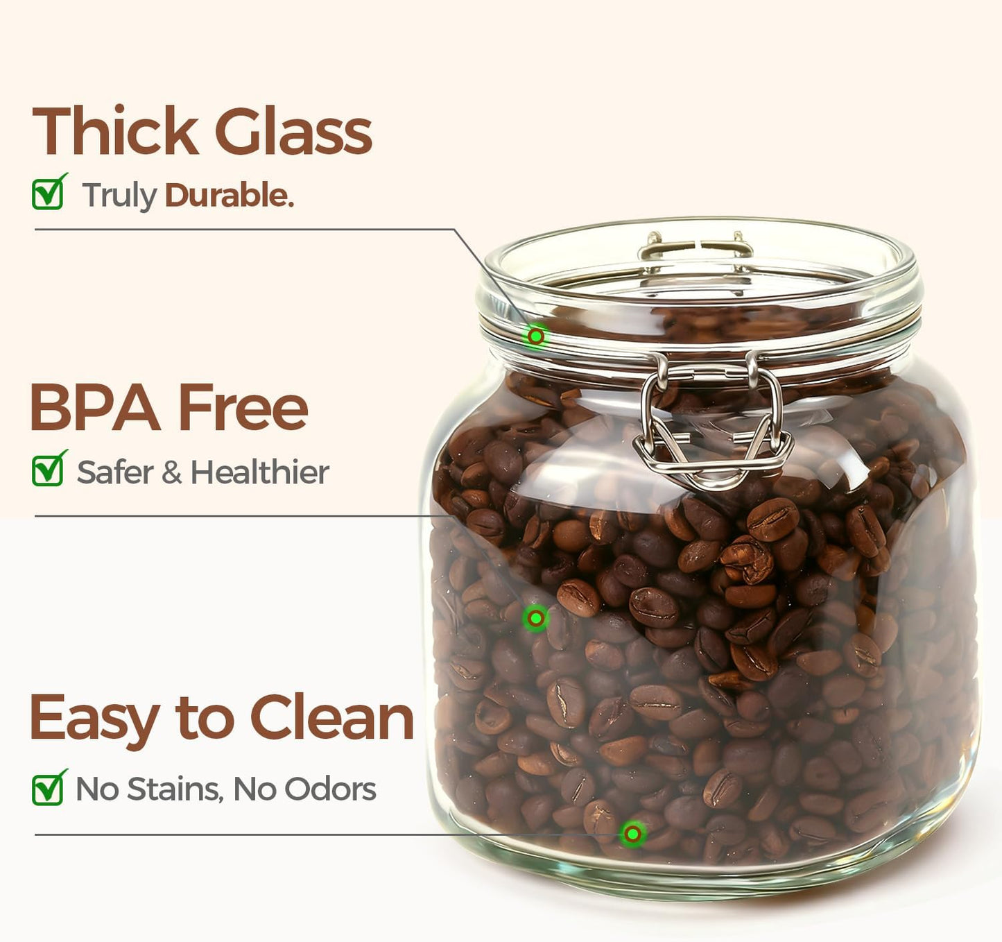 ComSaf Airtight Glass Canister Set of 3 with Lids 34oz Food Storage Jar Square - Storage Container with Clear Preserving Seal Wire Clip Fastening for Kitchen Canning Cereal,Pasta,Sugar,Beans,Spice