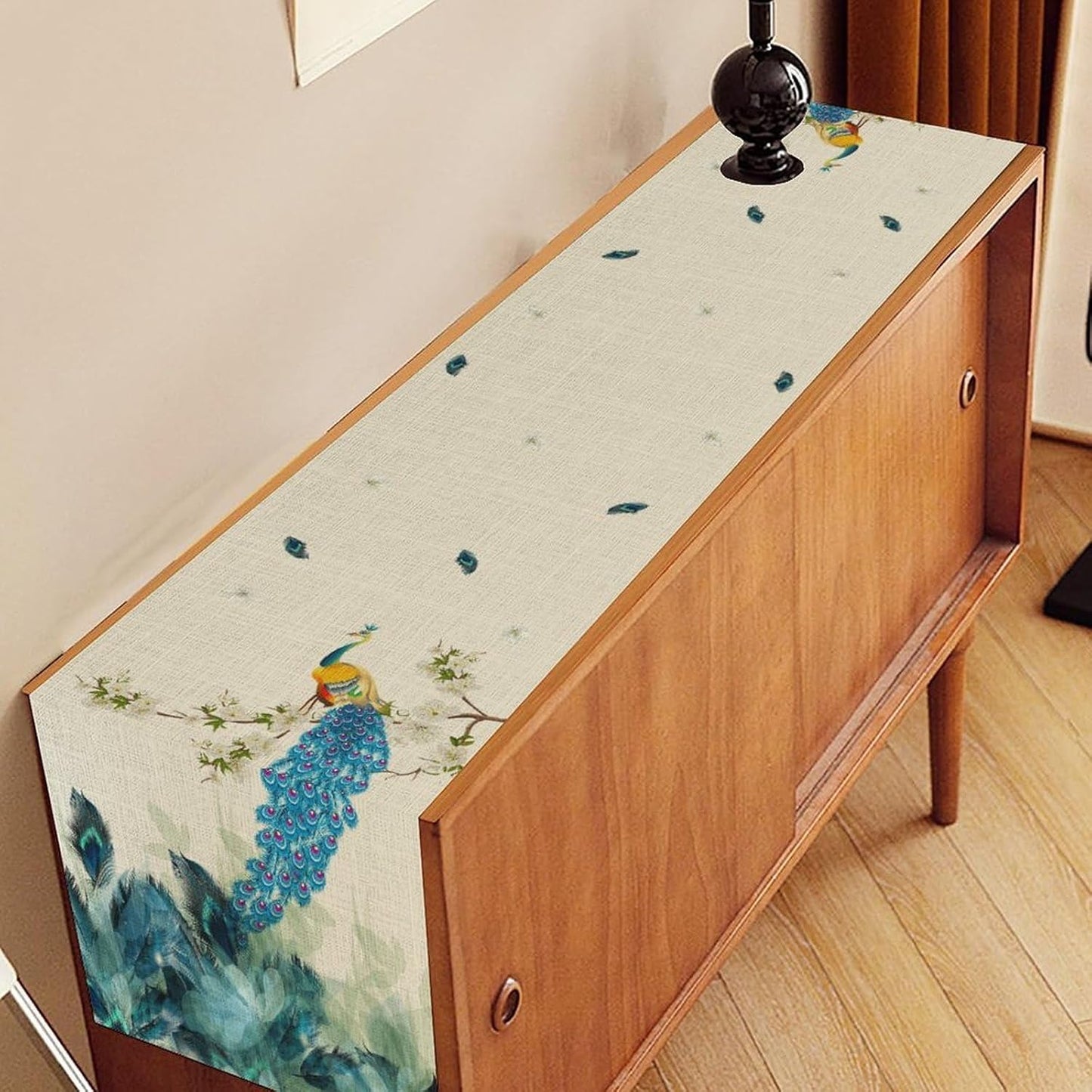 Peacock Table Runner, Retro Chinoiserie Luxury Blue Floral Vintage Aesthetic Table Runner for Coffee Table Home Party Kitchen Dining Table Wedding Party Decor, 13x72 inches