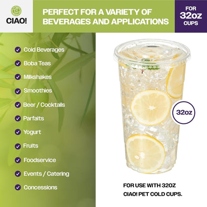 CIAO! Ultra Clear PET Flat Lid with Straw Slot - Fits 32 oz PET Cups, 107mm (Case of 300)