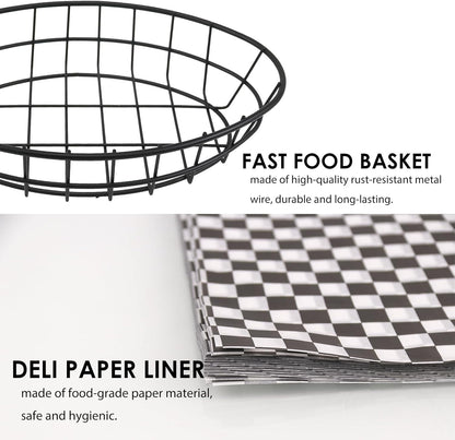 CNQLIS 12 Pcs Wire Bread Baskets with 100 Deli Wrapper Paper, 9.5x6.2x2.2 Inch Oval Metal Dinner Roll Baskets for Restaurants, BBQ, Picnics, Parties (Black)