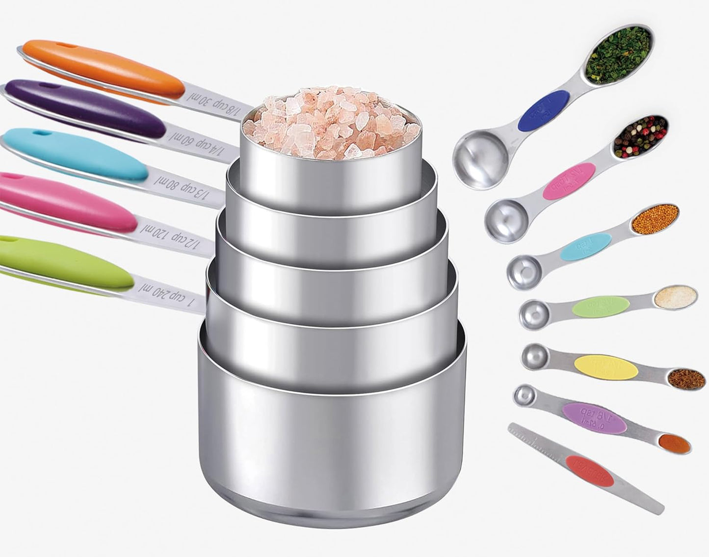 12 PCS Measuring Cups and Spoons Set Stainless Steel, 5 Measuring Cups with Colorful Silicone Handle and 6 Double-Sided Magnetic Measuring Spoons & 1 Leveler for Cooking and Baking (5+6+1)