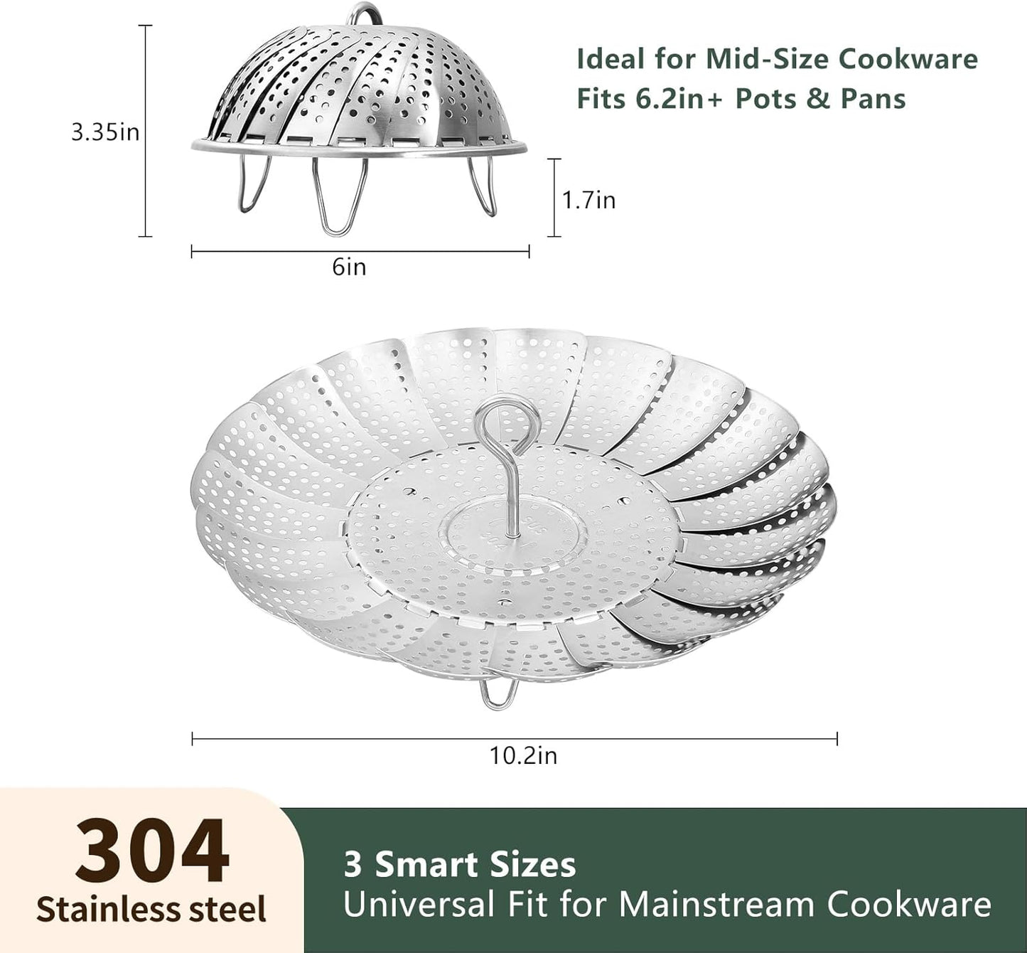 Steamer Basket for Cooking 304 Stainless Steel Entirely Thickened,Collapsible Steamer Insert for Pots, Fits Instant Pot/Skillets (6'' To 10'')