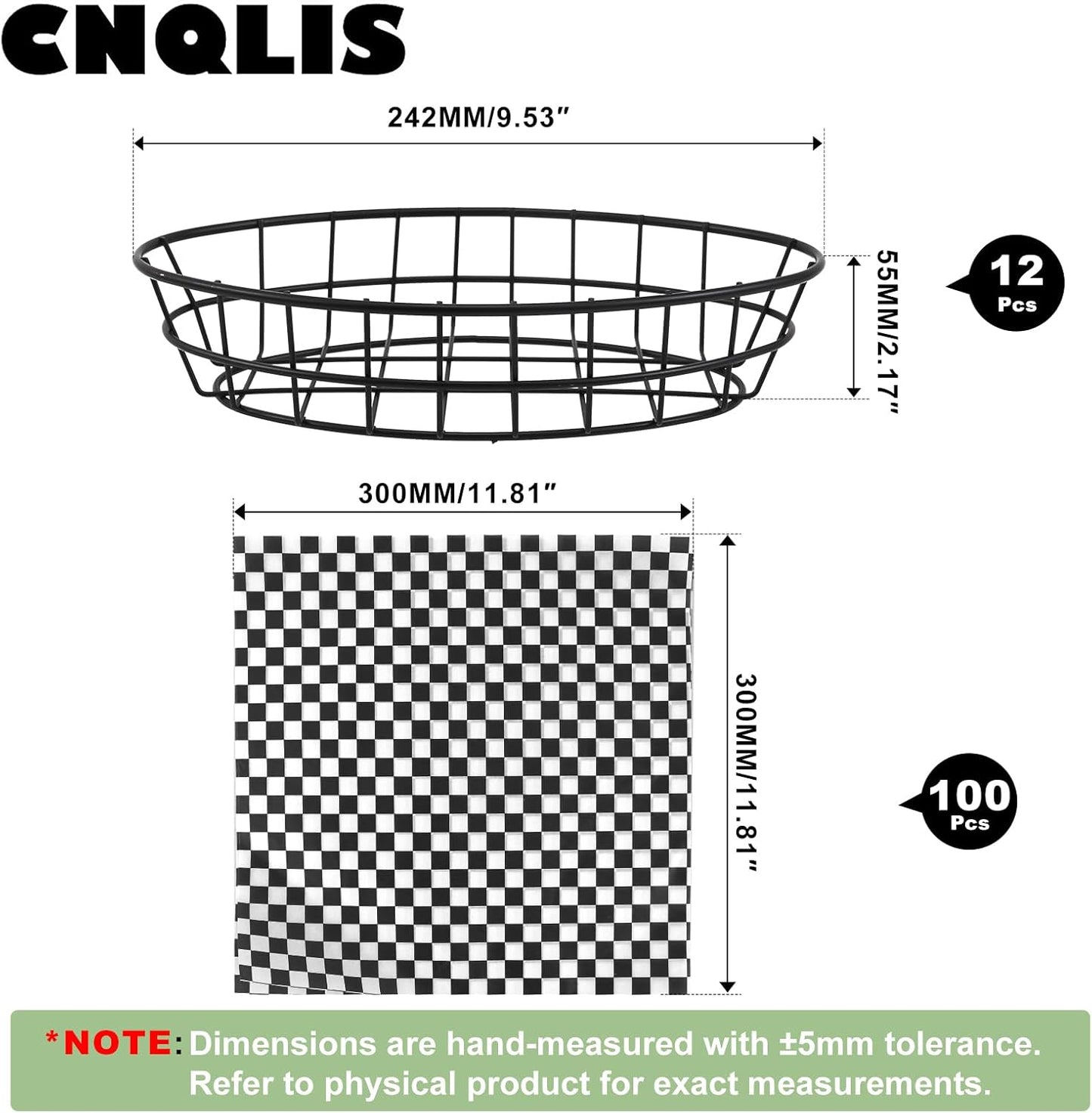 CNQLIS 12 Pcs Wire Bread Baskets with 100 Deli Wrapper Paper, 9.5x6.2x2.2 Inch Oval Metal Dinner Roll Baskets for Restaurants, BBQ, Picnics, Parties (Black)