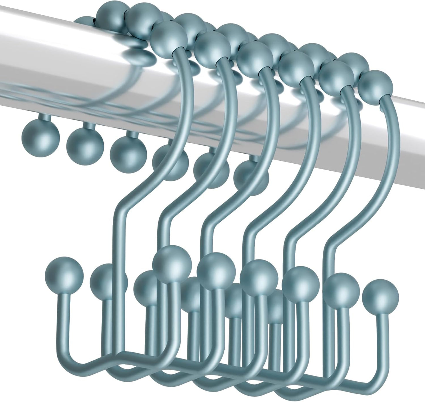 Titanker Shower Curtain Hooks Rings, Rust-Resistant Metal Double Glide Shower Hooks for Bathroom Shower Rods Curtains, Set of 12 Hooks - Lightcyan