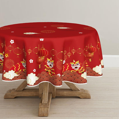 Horaldaily Newyear Tablecloth 70×70 Inch Round, Chinese Lunar New Year Lion Dance Lantern Red Washable Table Cover for Party Picnic Dinner Decor
